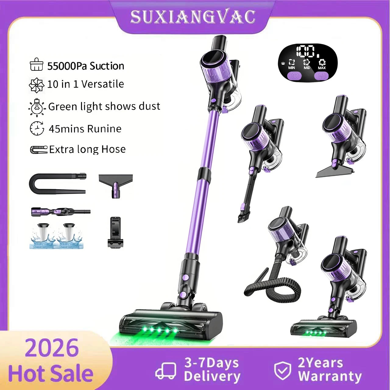 SUXIANGVAC Cordless Vacuum Cleaner 55KPa 500W 45Min Pet Hair