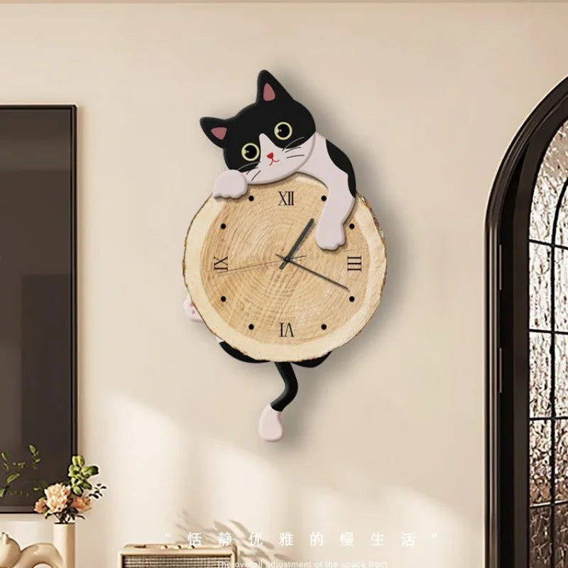 Cartoon Cat Wall Clock With Swing Tail Quartz Mute Design