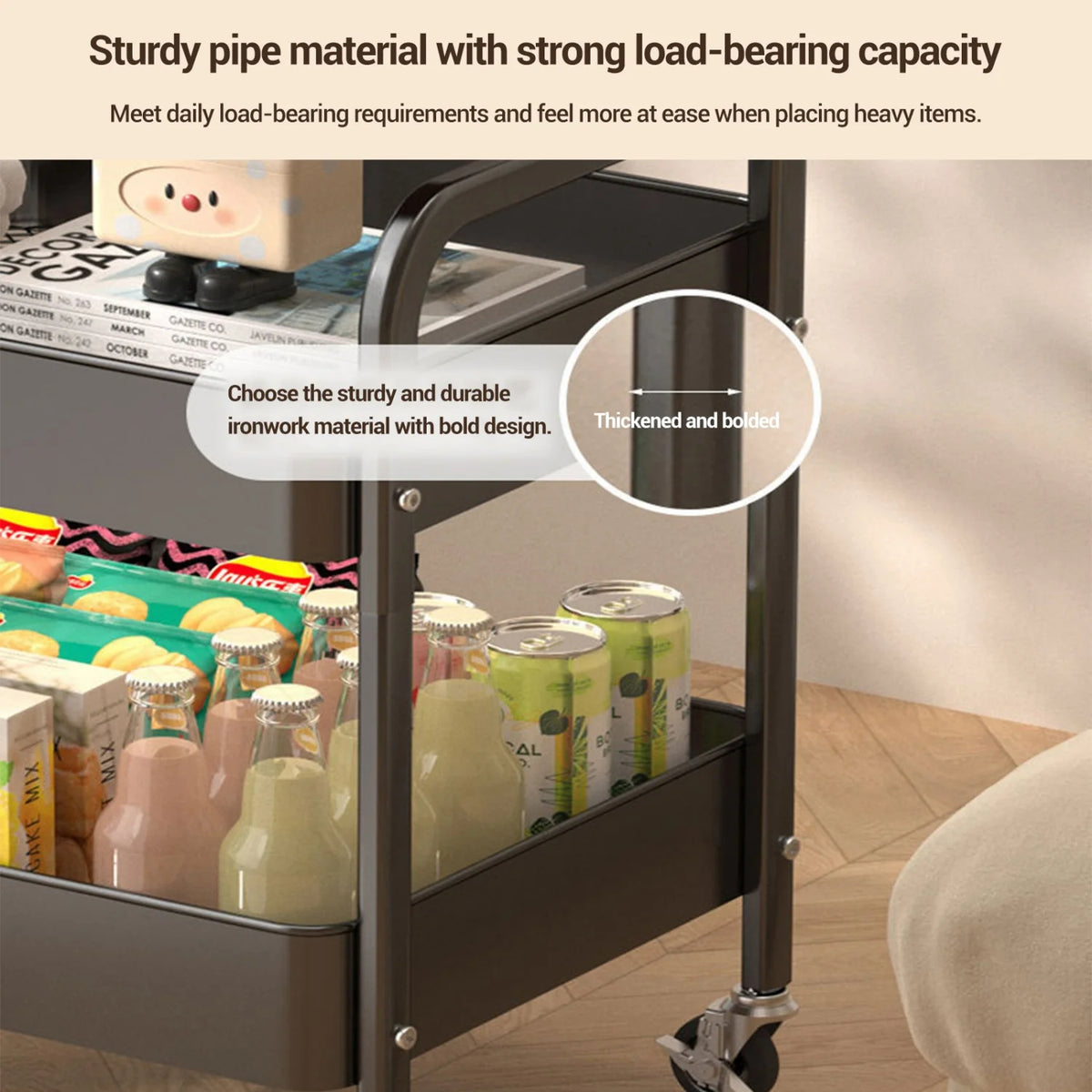 Himiss Three Tier Rolling Storage Cart With Wooden Shelf