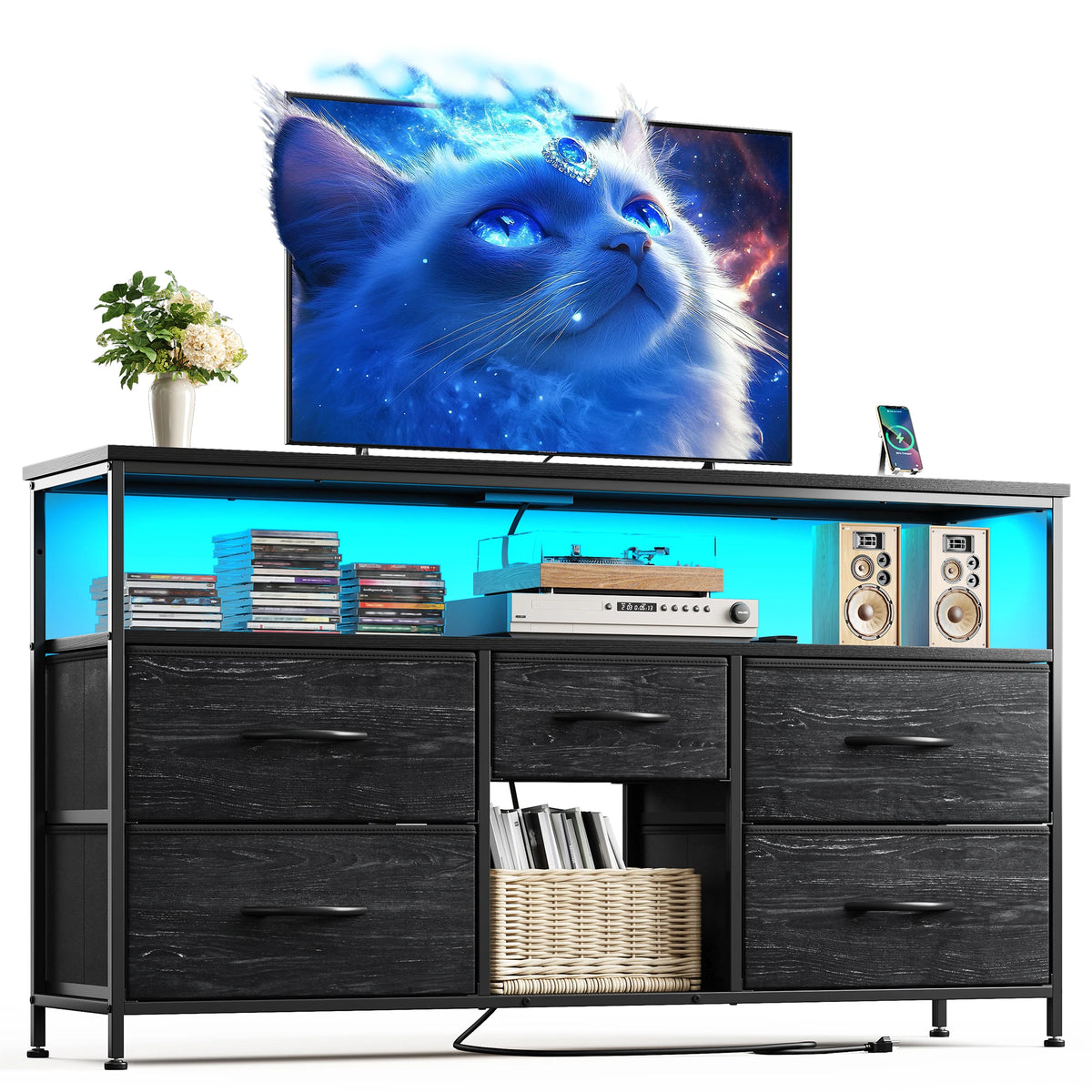 EnHomee TV Console With LED Lights And Fabric Storage Drawers