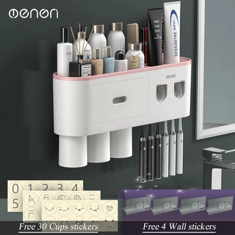 MENGNI Magnetic Inverted Toothbrush Holder Wall Mount Toothpaste Squeezer
