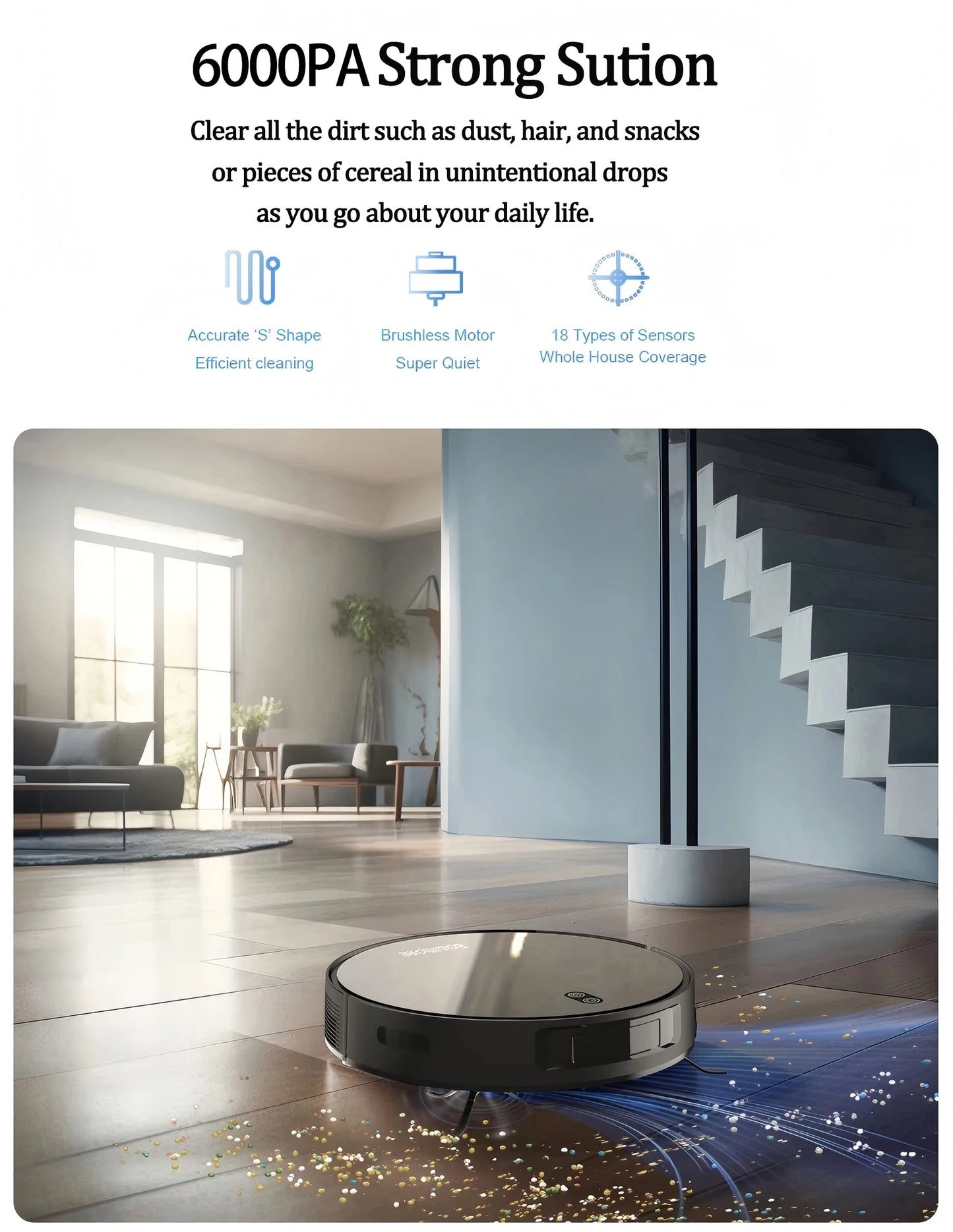 Boaimore Robot Vacuum Cleaner Combo and Mop 6000PA Strong Suction