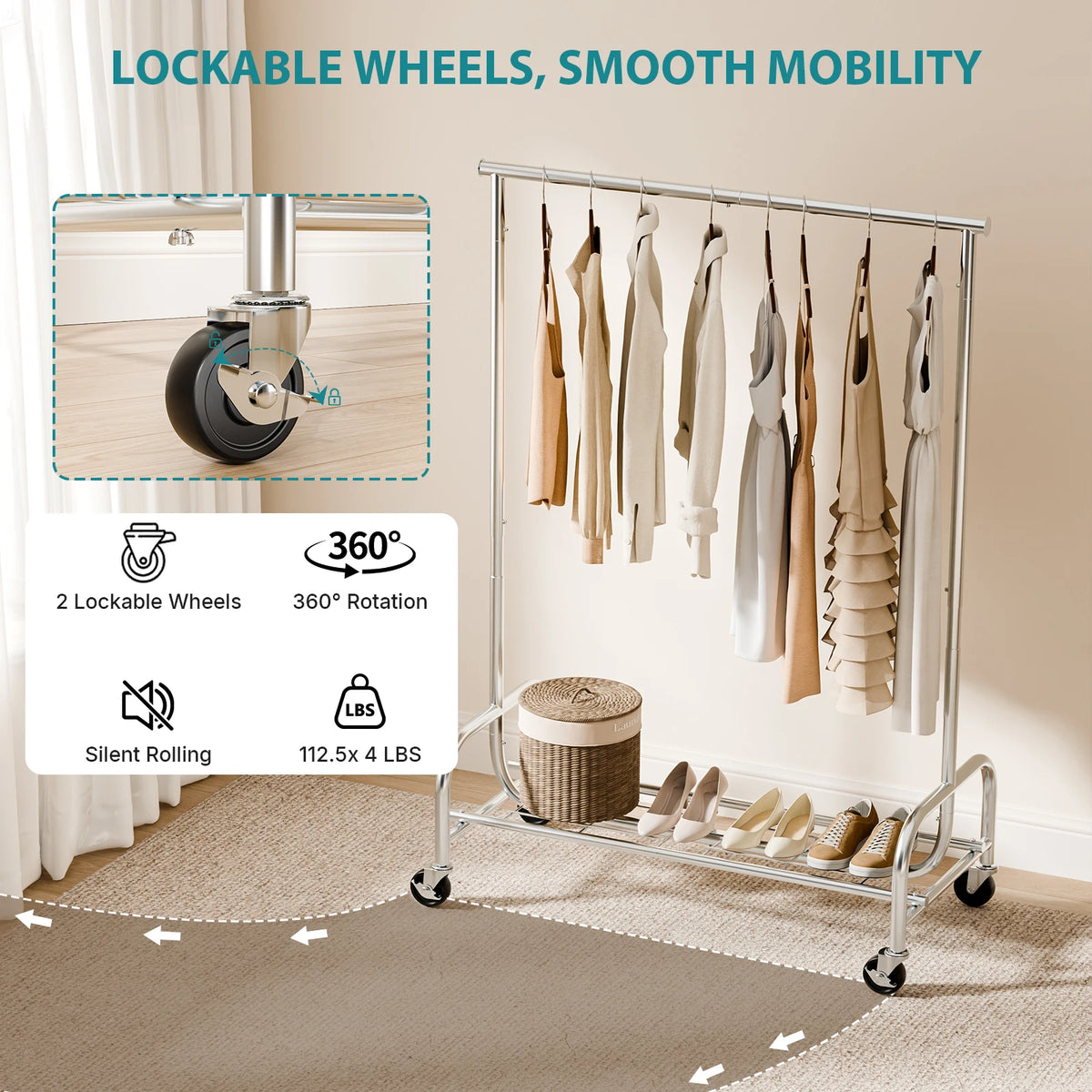 MCQ 70IN Heavy Duty Clothes Racks with Wheels  Entryway Storage Organizer with Top Hanging Rod Movable Hooks Bench For Home Living Room ﻿
