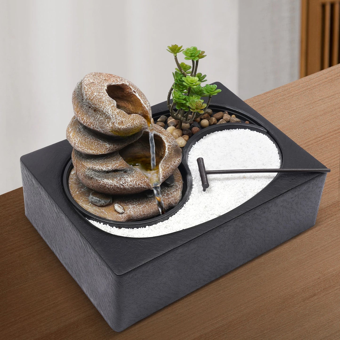 Bymaocar Tabletop Resin Rock Water Fountain With LED Light