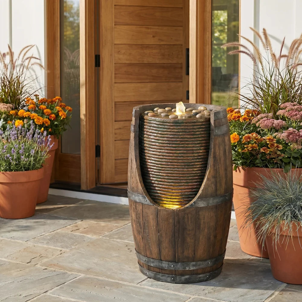 Handcrafted Resin Barrel Water Fountain With Built In Lights Outdoor Decor