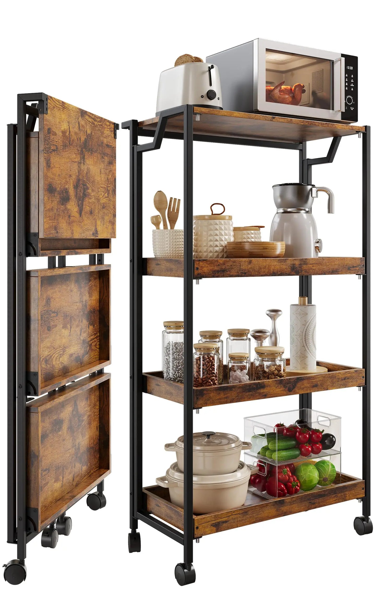 Large 4-Tier Wooden Folding Storage Shelf Cart with Locking Wheel, Expandable Kitchen Organizer Rack, 100 Lbs Loading