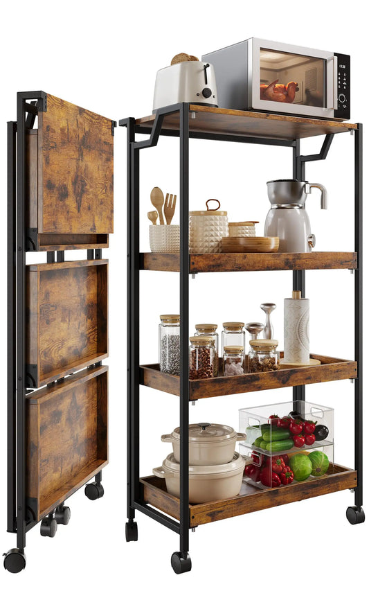 Large 4-Tier Wooden Folding Storage Shelf Cart with Locking Wheel, Expandable Kitchen Organizer Rack, 100 Lbs Loading
