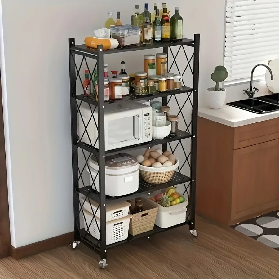 Heavy Duty Foldable Metal Storage Rack On Wheels For Garage Kitchen