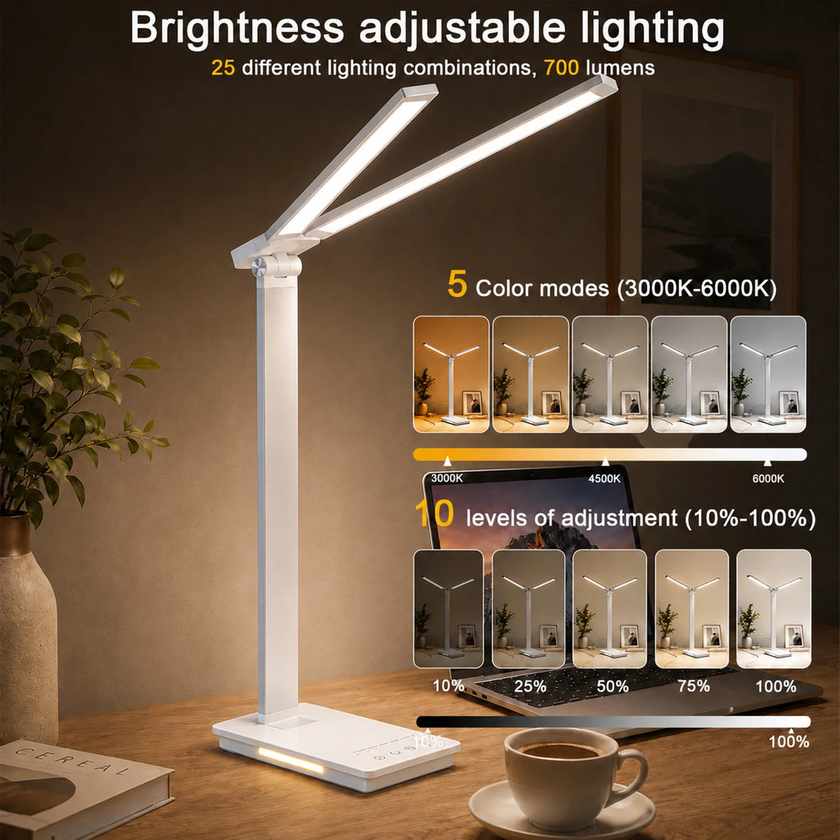 DUMILOO Double Head LED Desk Lamp with USB Charging