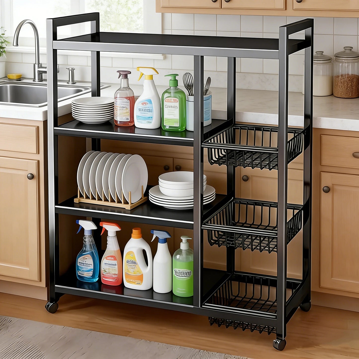 Portable Adjustable 4 Tier Wheeled Storage Cart With Wire Baskets