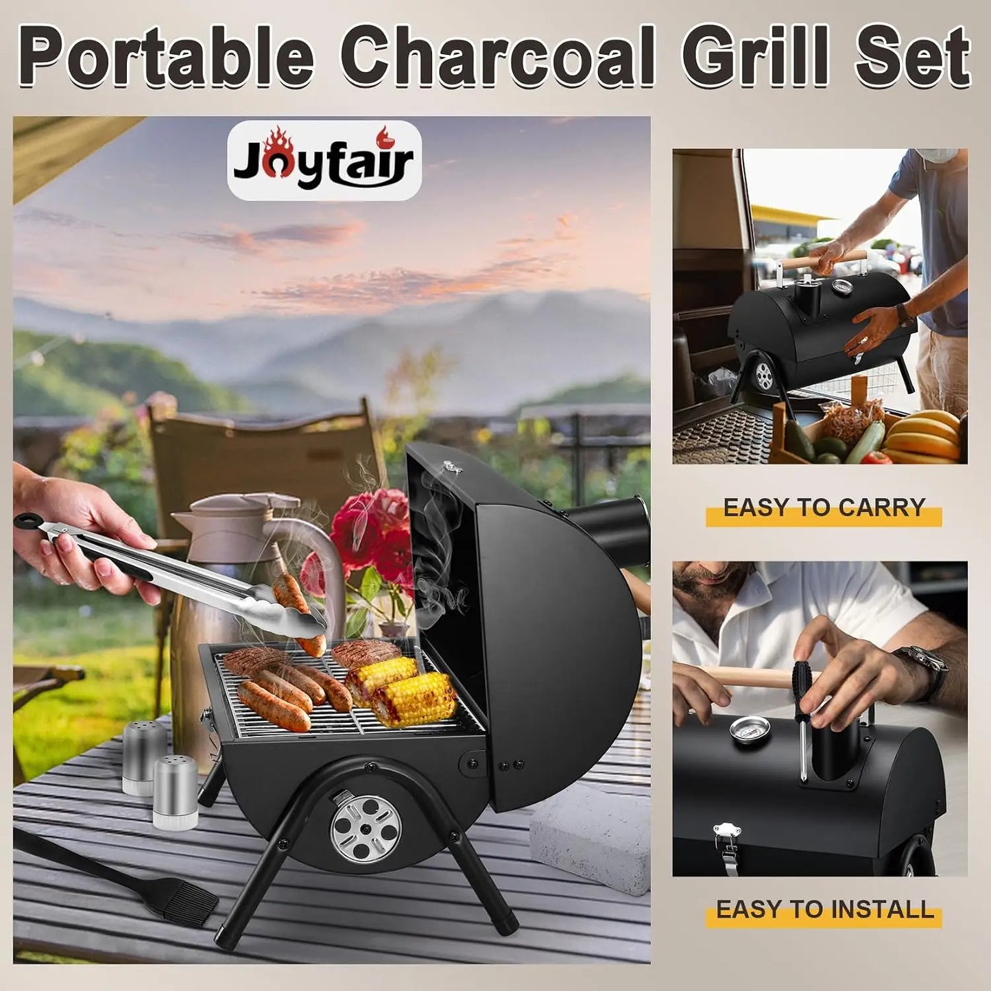 Portable Charcoal Grill Set Tabletop BBQ With Thermometer Chimney