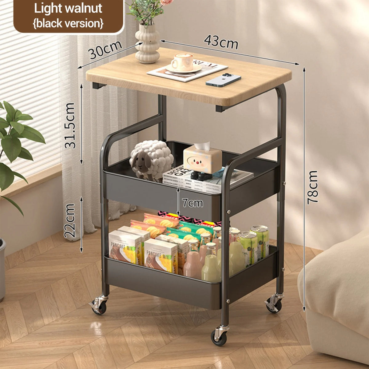 Himiss Three Tier Rolling Storage Cart With Wooden Shelf