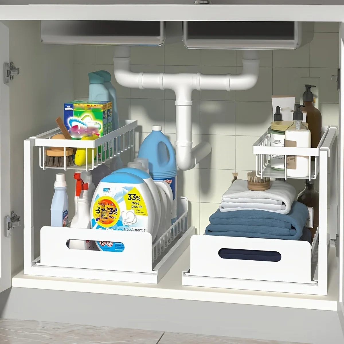 [Sliding Pull-out Cabinet Rack] 1/2pcs Sliding Pull-out Metal Cabinet Sorting Rack | Lower Sink Kitchen Storage, For Kitchen Bat