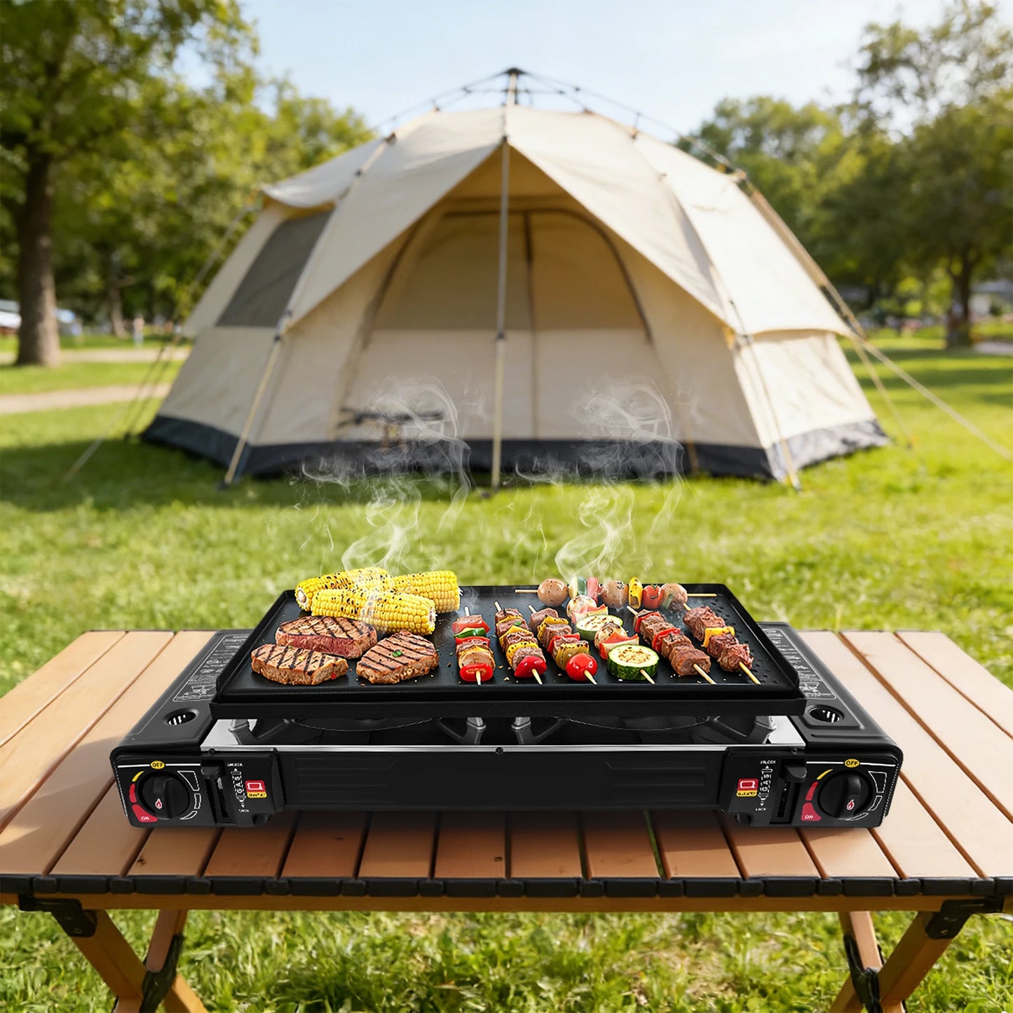 Camping Stove Propane Gas Dual Burner With Griddle