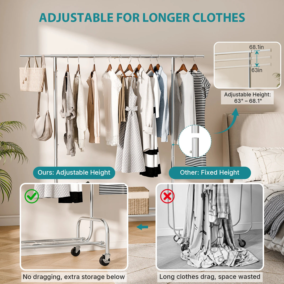 MCQ 70IN Heavy Duty Clothes Racks with Wheels  Entryway Storage Organizer with Top Hanging Rod Movable Hooks Bench For Home Living Room ﻿