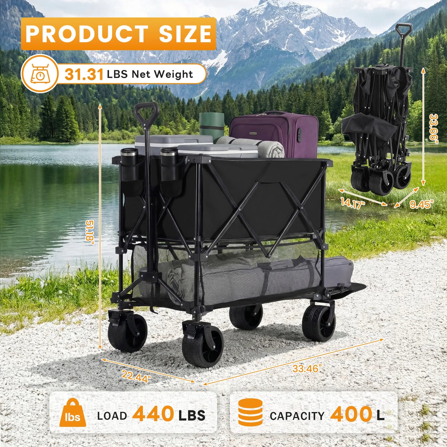 JHK Outdoor Double Decker Wagons Cart 440 Pound Capacity Garden Camping