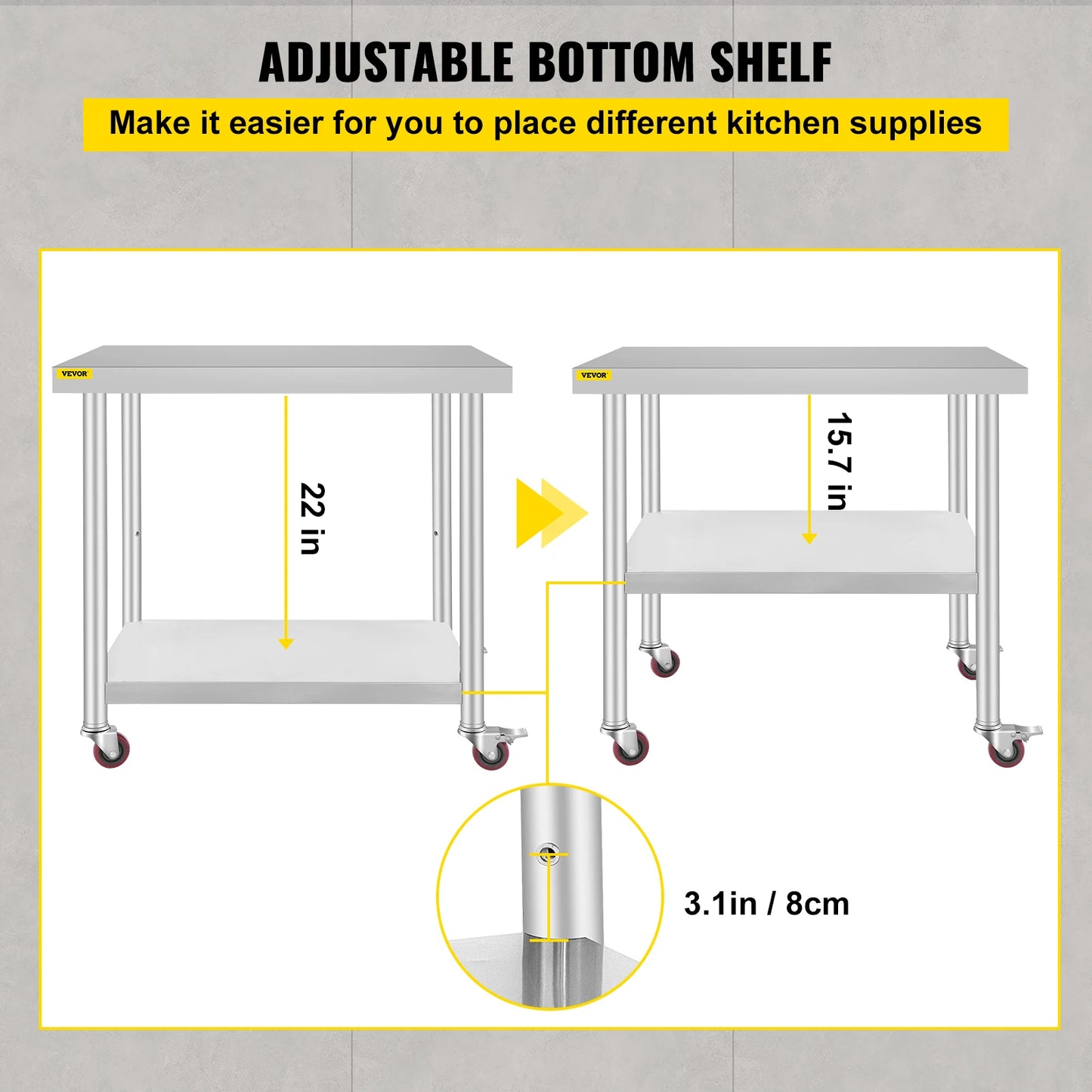 SucceBuy Stainless Steel Kitchen Prep Table With 4 Caster Wheels Backsplash Loads Up to 100KG-300KG for Home Storage Rack Dining
