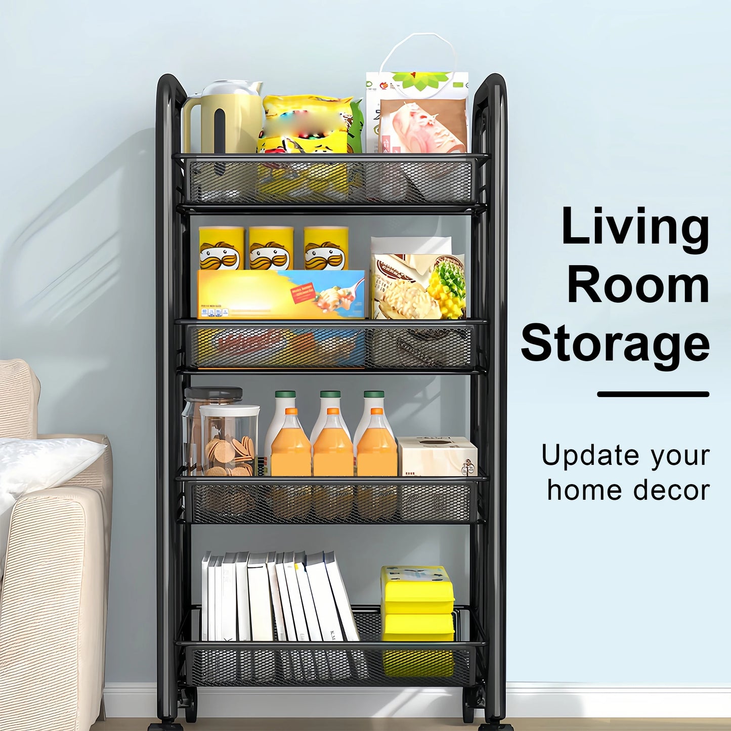Multilayer Kitchen Storage Cart With Wheels Stackable Metal Utility Shelf