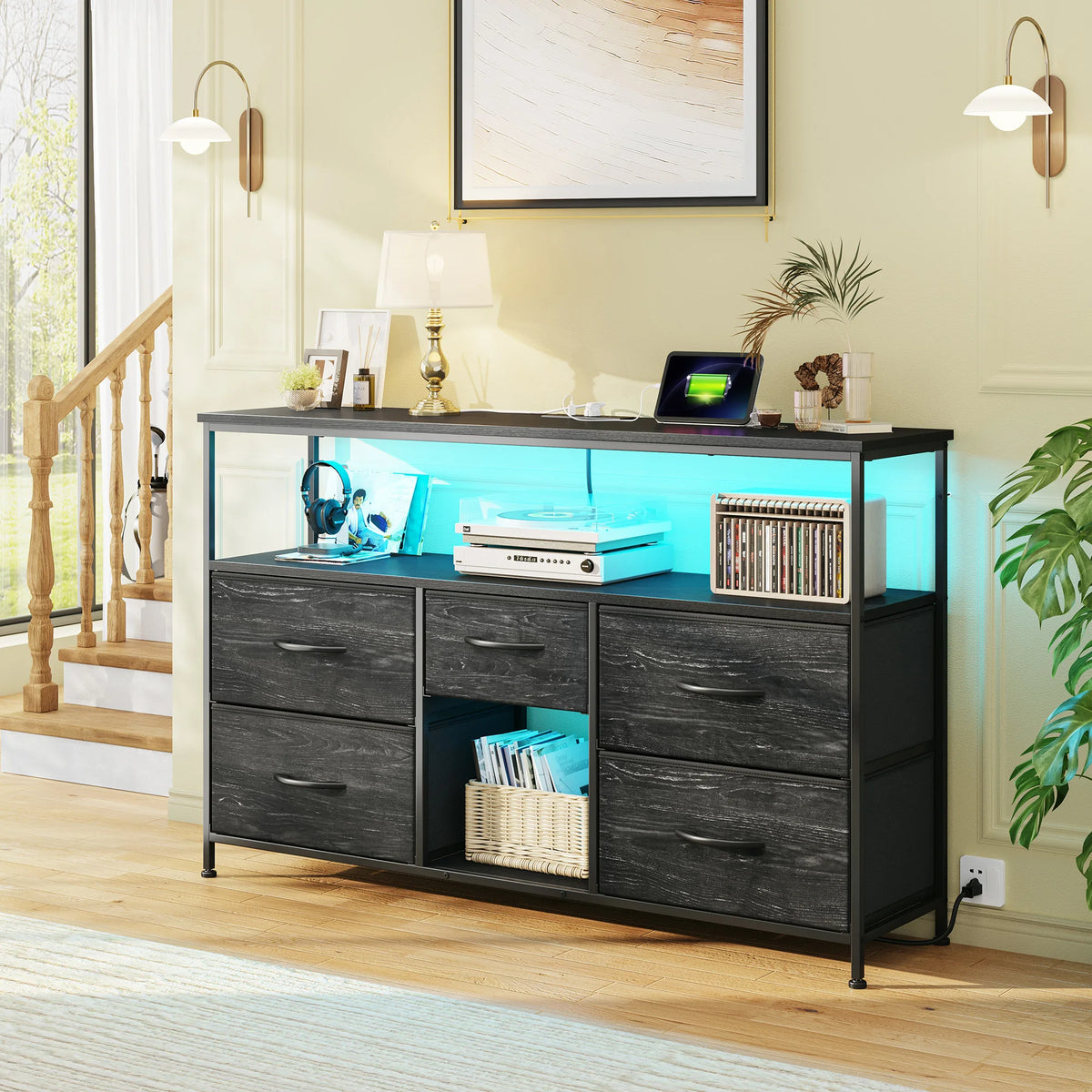 EnHomee TV Console With LED Lights And Fabric Storage Drawers