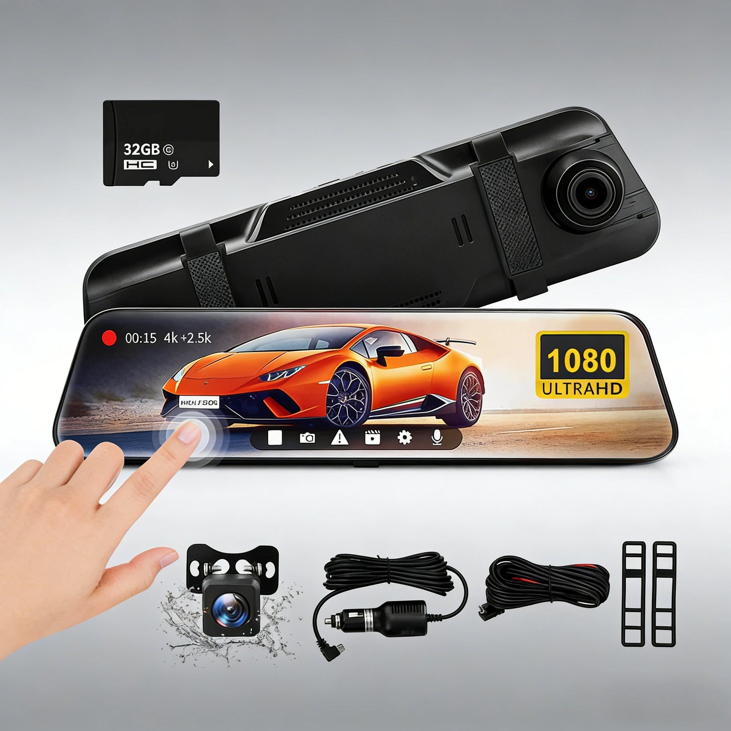 Mirror Dash Cam 1080P Dual Lens Front Rear Waterproof IPS Touchscreen Wide Angle